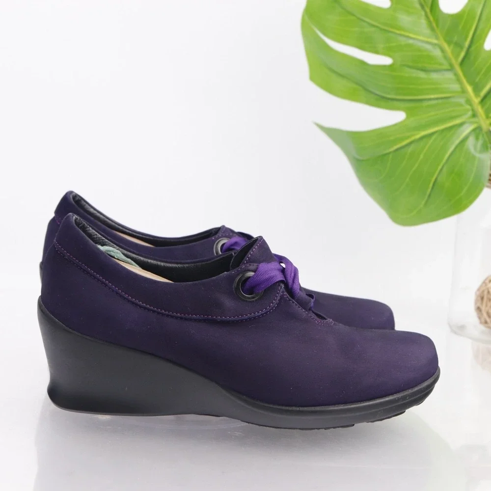 Wolky Womens Faith Oxford Pump Size 39 8 Purple Leather Wedge Lace Up Shoe Boho